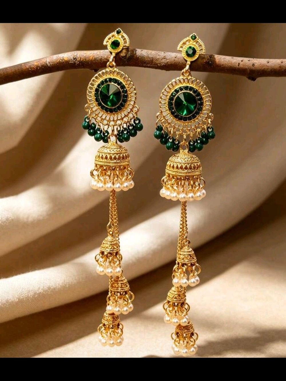 Kasmiri Gold and Emerald Green Jhumka Earrings - Women Jewelry